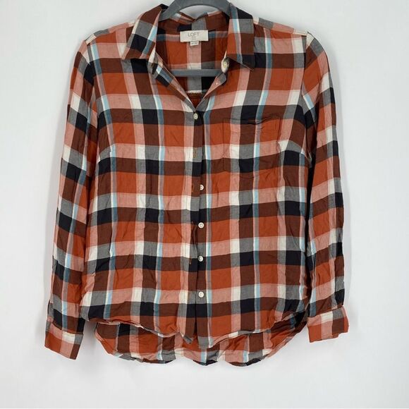 LOFT Women’s Button Front Plaid Flannel Brown Tone size PS - Picture 1 of 3